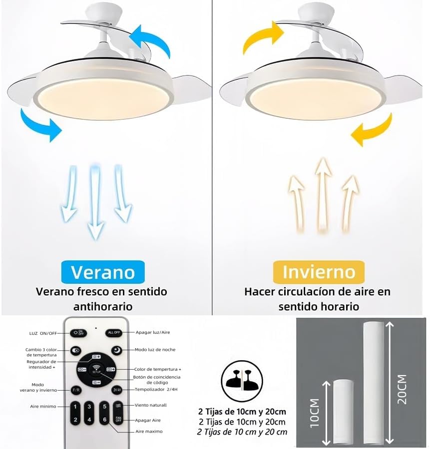 Ventilador con Luz Lámpara LED 72W Ventilador Invisible Ultra Silencioso con Mando a Distancia, Retractil, Luz Fría/Neutra/Cálida Interiores Plafón lluminación (Blanco)